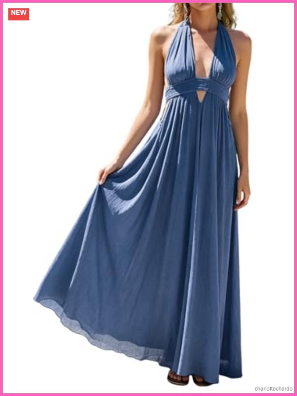 Boho Maxi Dress Halter Backless Front Slit Flowy